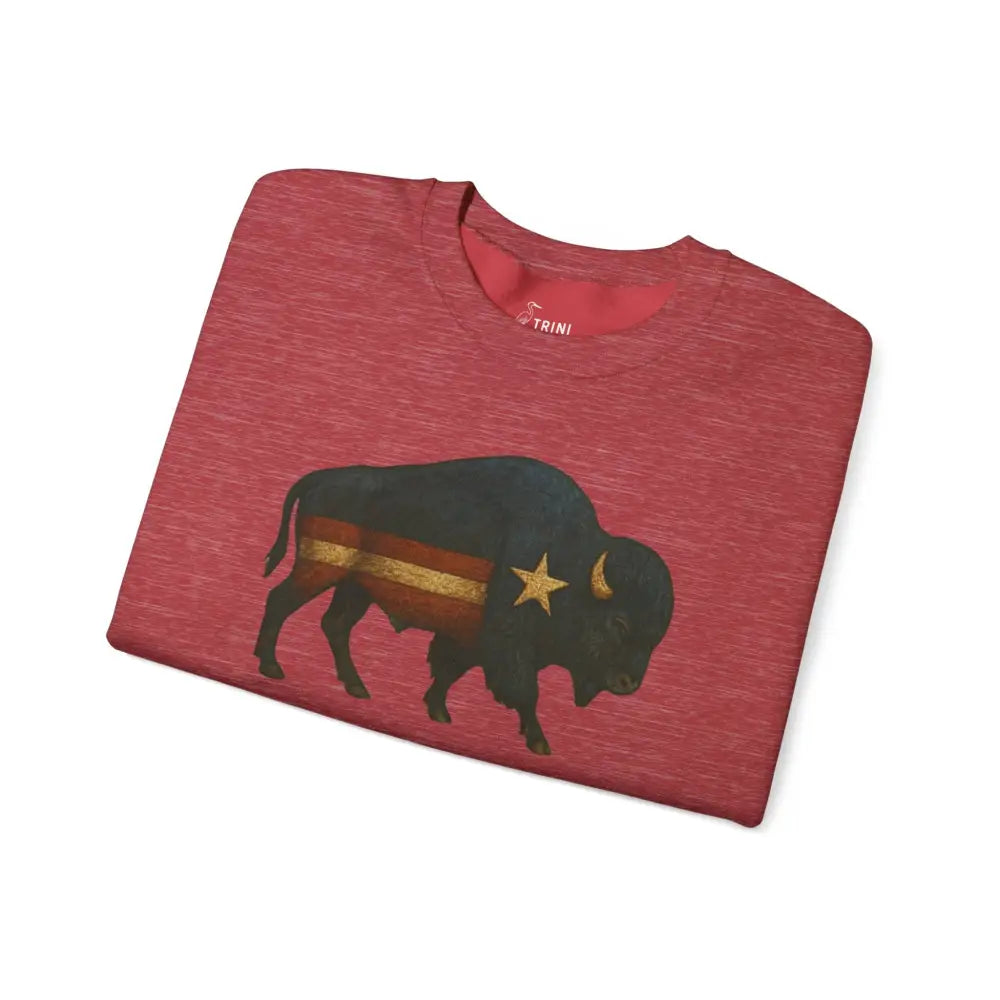 Folded heather red t-shirt with patriotic bison graphic and Trini Skies embroidery