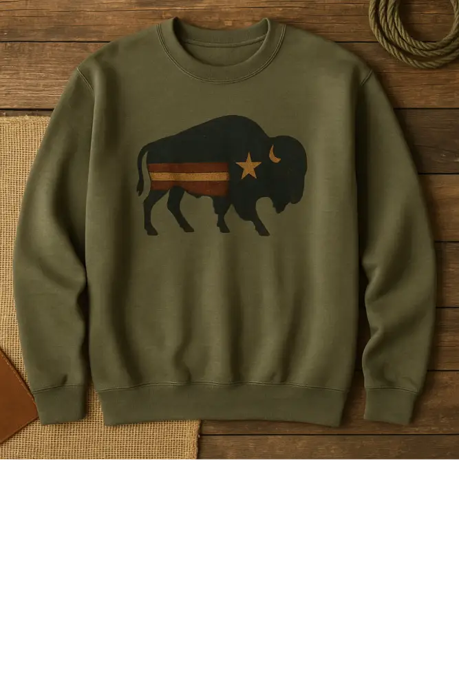 Green Patriotic Bison Graphic Crewneck Sweatshirt with Trini Skies