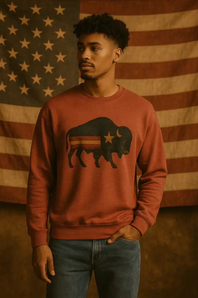 Men’s rust long-sleeve sweatshirt with patriotic bison graphic