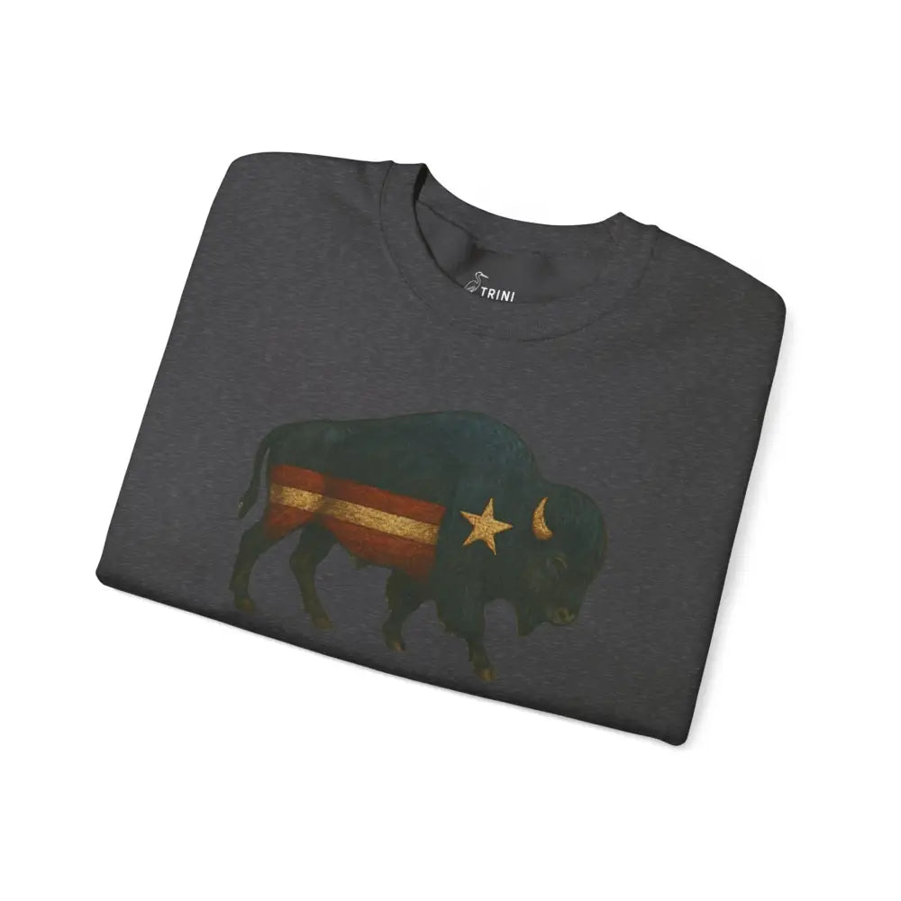 Patriotic bison graphic on dark grey t-shirt, vintage Americana style