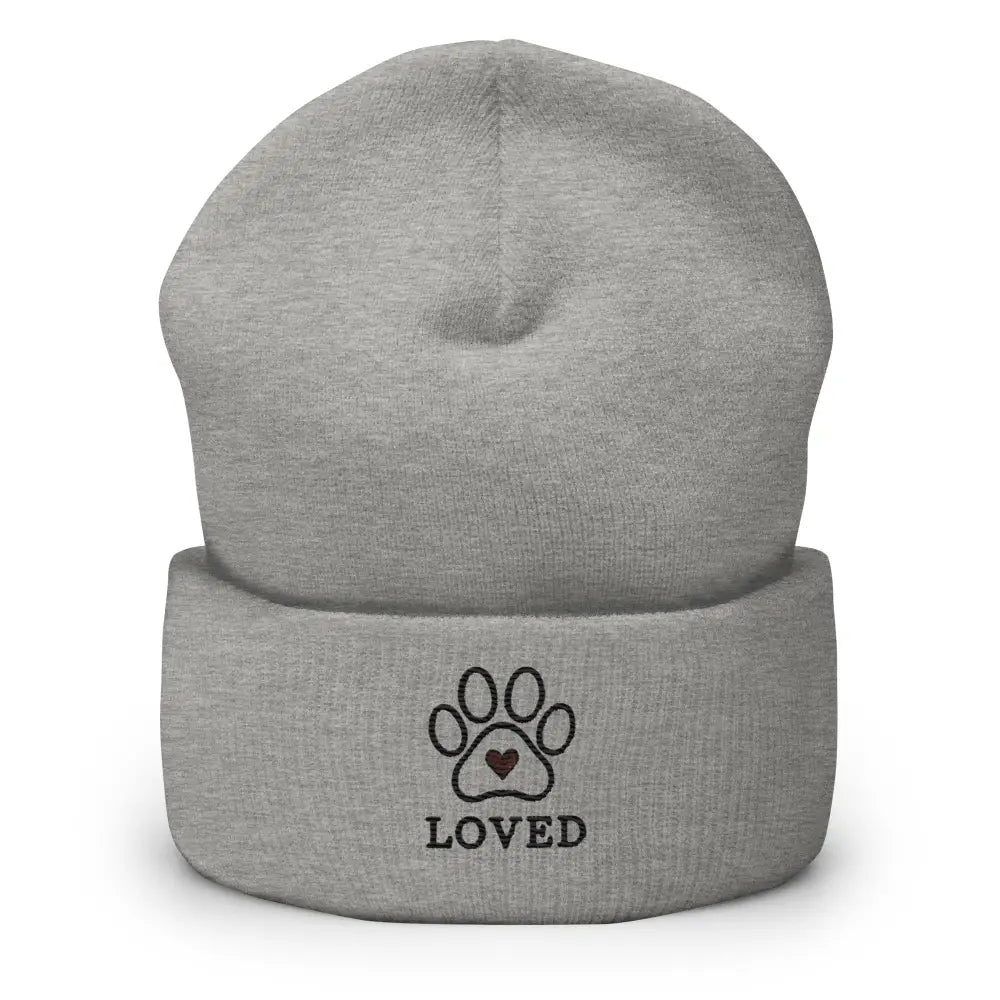 Gray knit cat cuffed beanie with embroidered paw print and heart for pet lovers