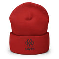 Red embroidered pet lovers beanie with paw print heart design