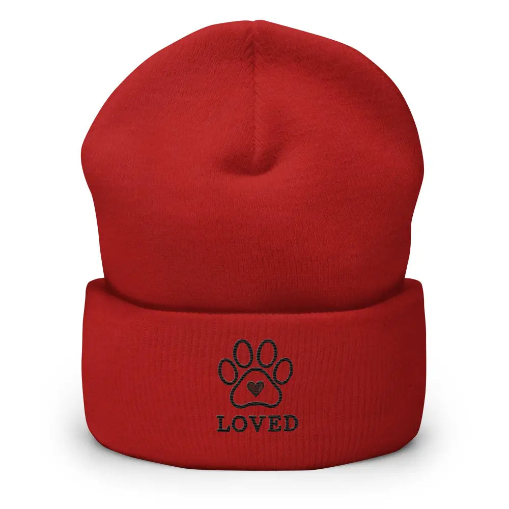 Red knitted beanie with paw print and heart embroidery for pet lovers, Trini Skies cat cuffed beanie