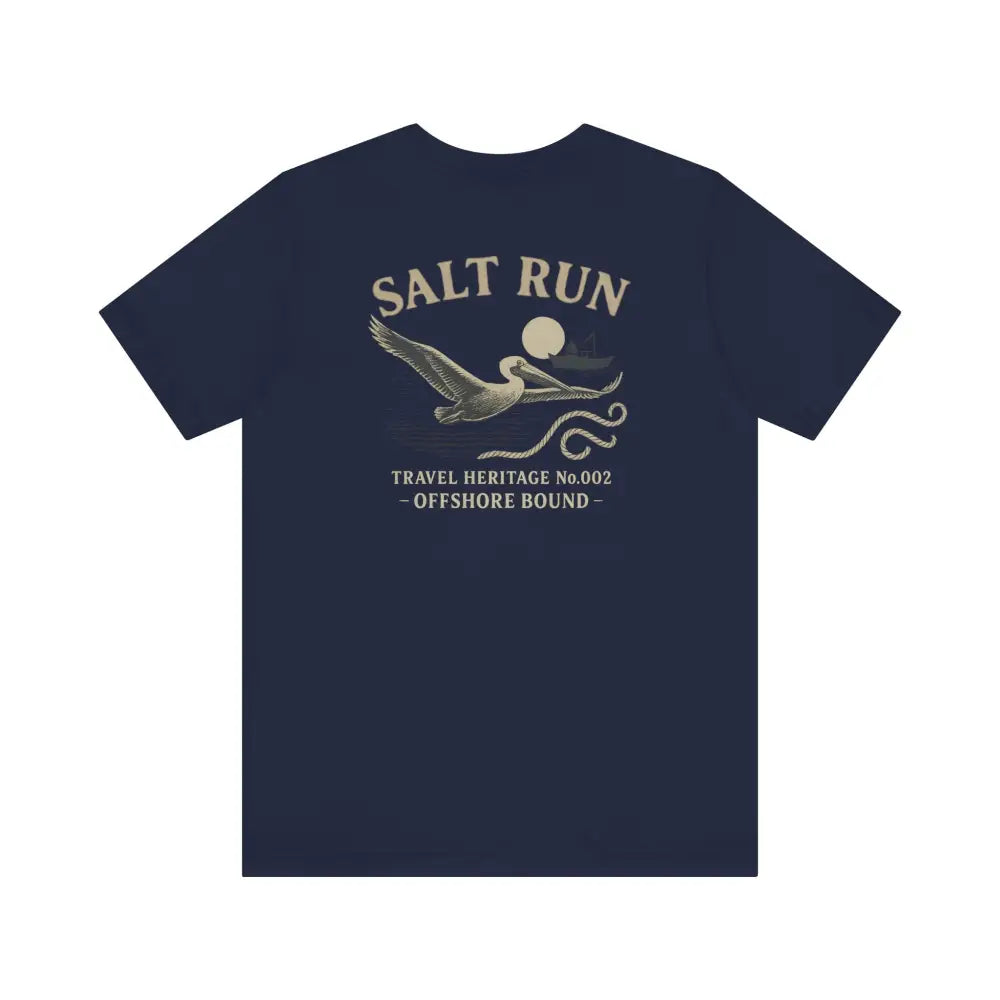 Navy blue Salt Run tee with vintage pelican graphic, Trini Skies travel heritage series
