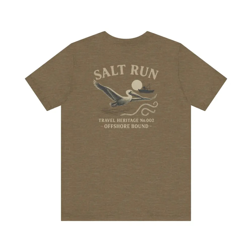 Trini Skies brown short-sleeve t-shirt with vintage pelican boat graphic