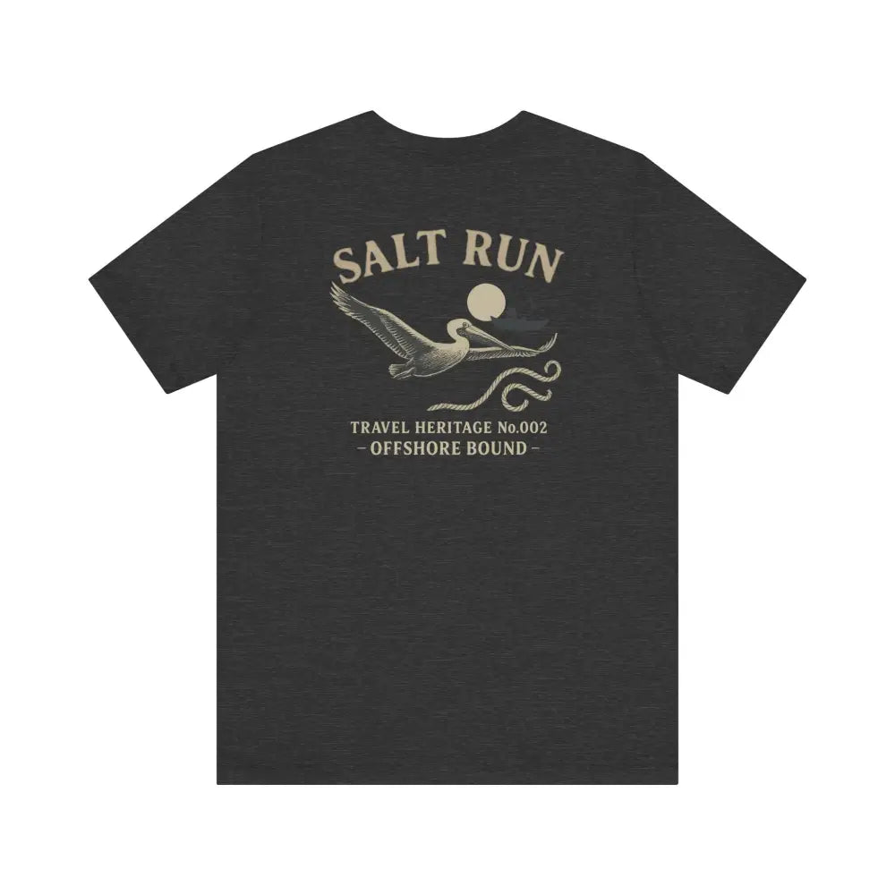 Dark grey Salt Run t-shirt with vintage pelican graphic, Trini Skies travel heritage series
