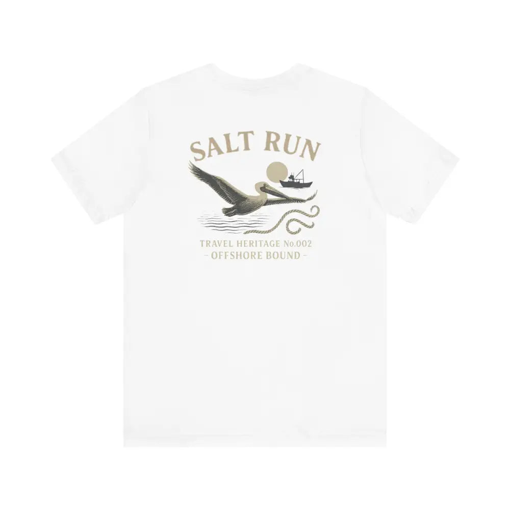 White Trini Skies short-sleeve tee with pelican boat graphic