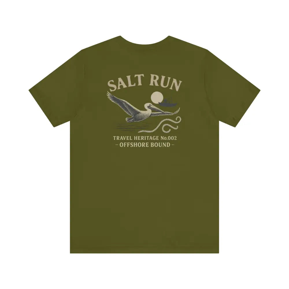Trini Skies olive green short-sleeve tee with vintage pelican graphic