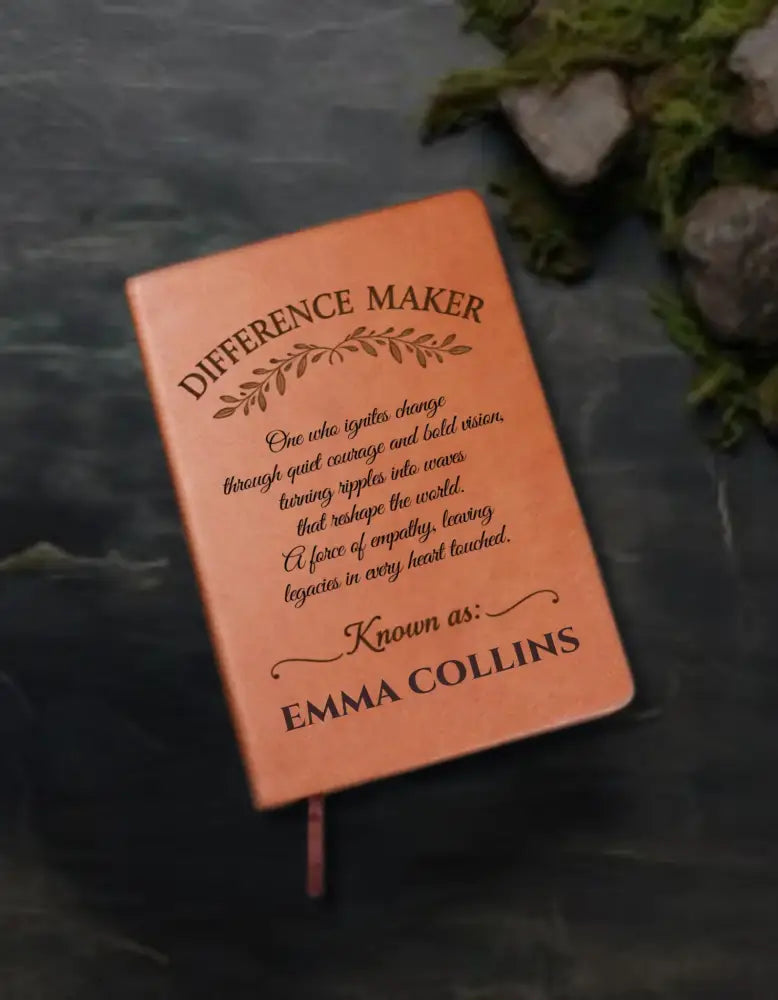 Personalized orange leatherette Difference Maker Journal with bookmark