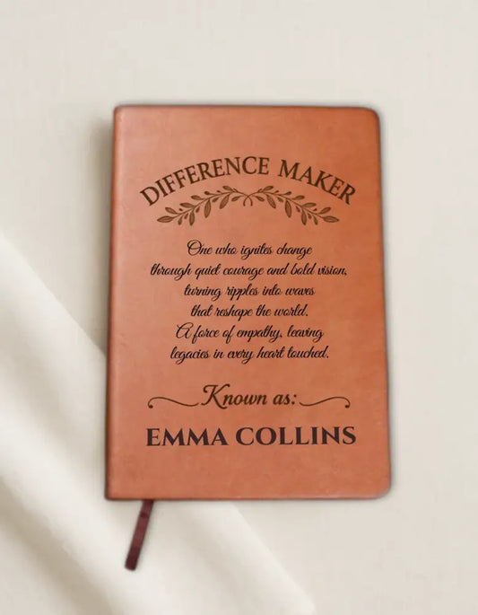 Personalized reddish-brown Difference Maker Journal with engraved text for leadership gifting