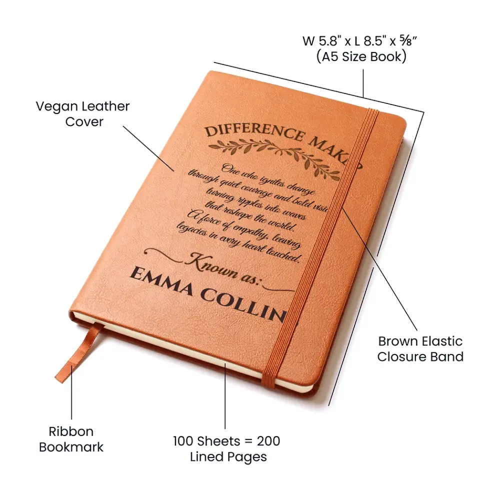Personalized vegan leather maker journal with ribbon bookmark elastic closure and lined pages