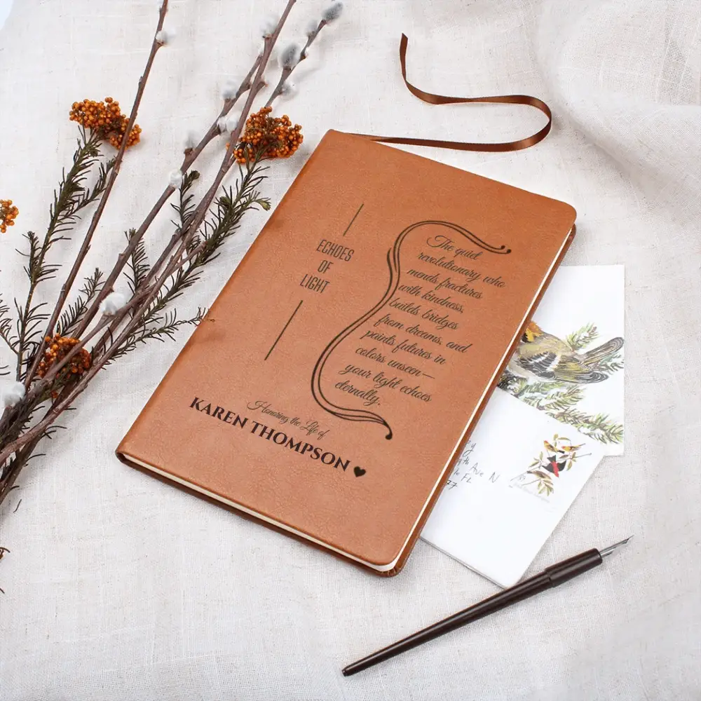 Personalized memory journal in brown vegan leather with ribbon bookmark