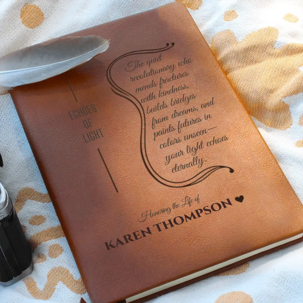 Brown leather-bound memory journal with engraved text for personalized remembrance