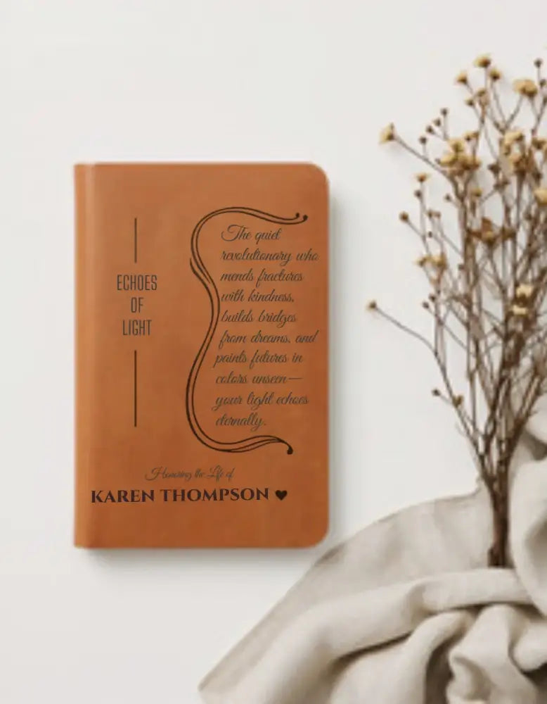 Brown leatherette memory journal with embossed design for personalized remembrance and custom keepsakes