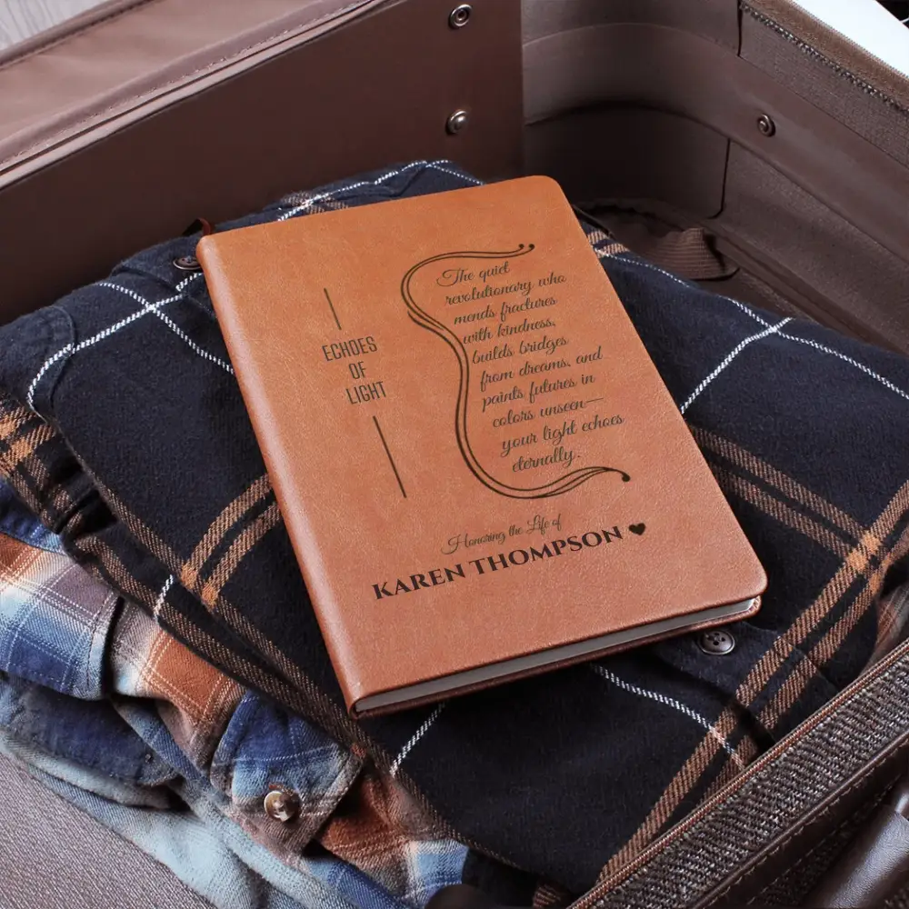 Brown leather memory journal with debossed design, perfect for personalized remembrance