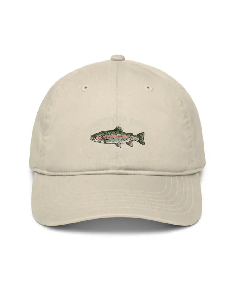 Personalized rainbow trout hat with custom fishing location embroidery