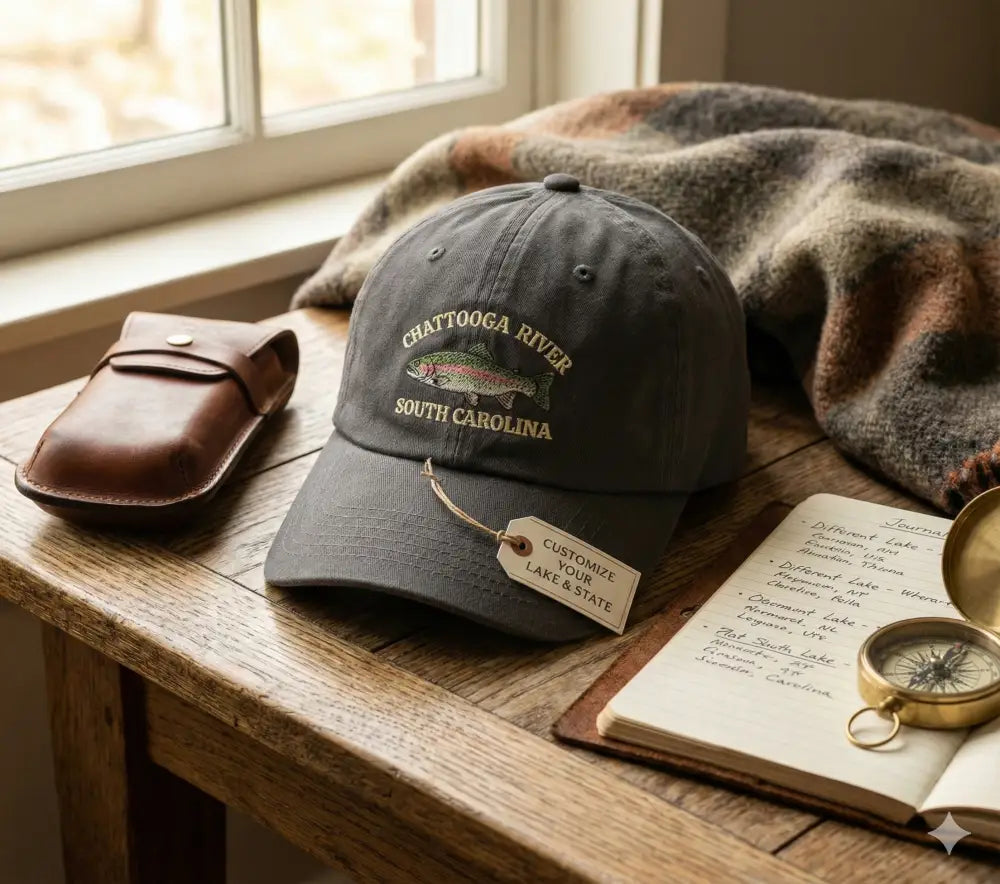 Personalized rainbow trout hat with custom fishing location Chattanooga River South Carolina embroidery