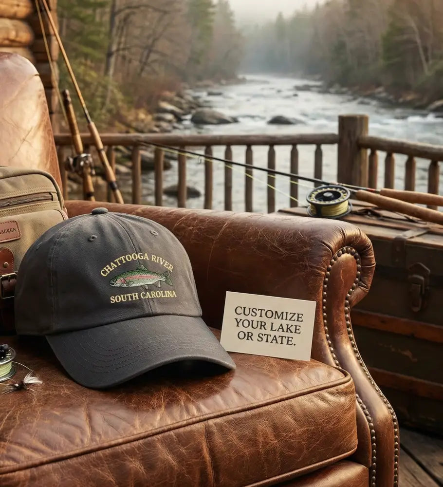 Personalized rainbow trout hat with custom fishing location Chattahoochee River, SC