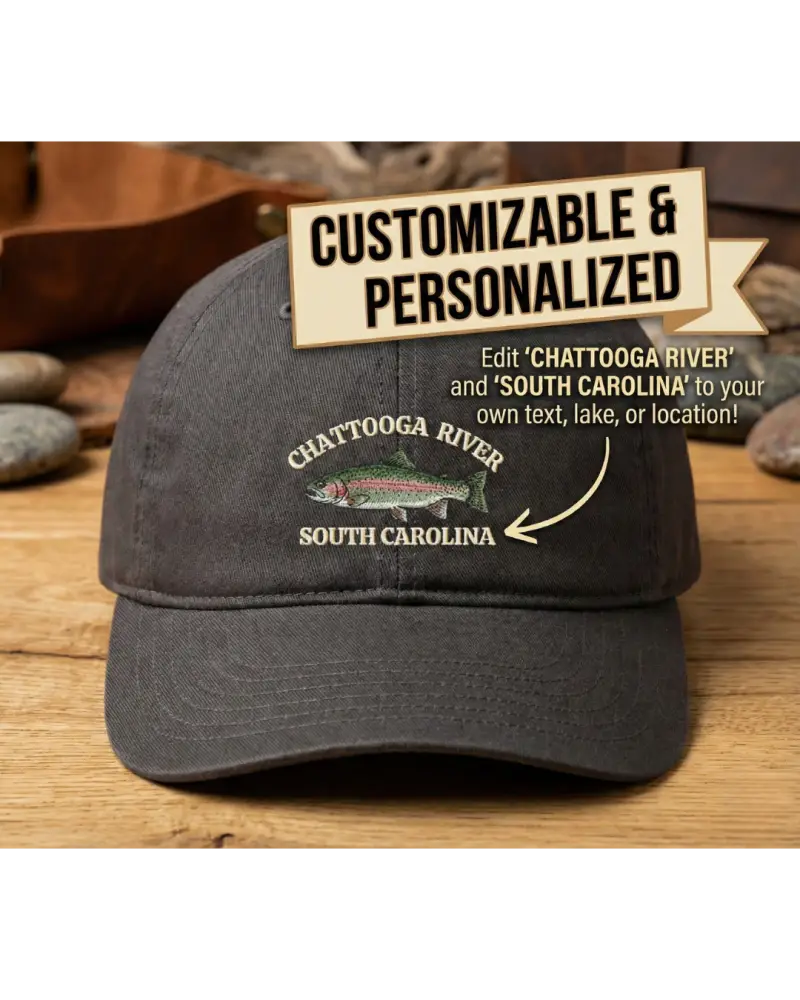 Personalized rainbow trout hat with custom fishing location Chattooga River, South Carolina