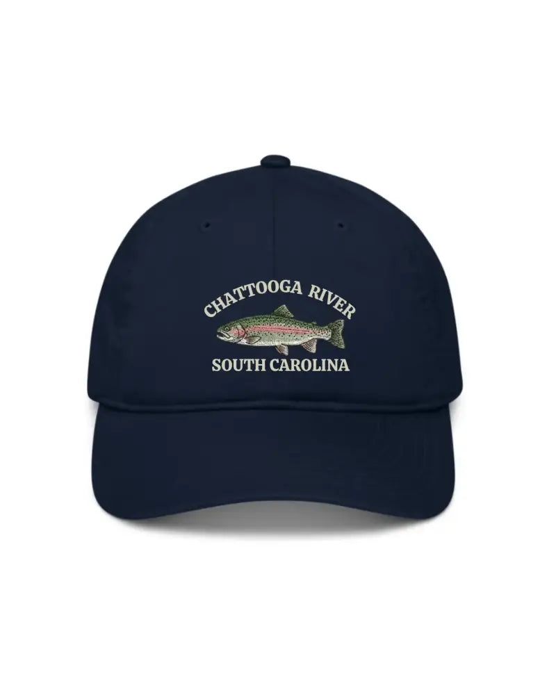 Personalized rainbow trout hat with custom fishing location Chattahoochee River embroidery