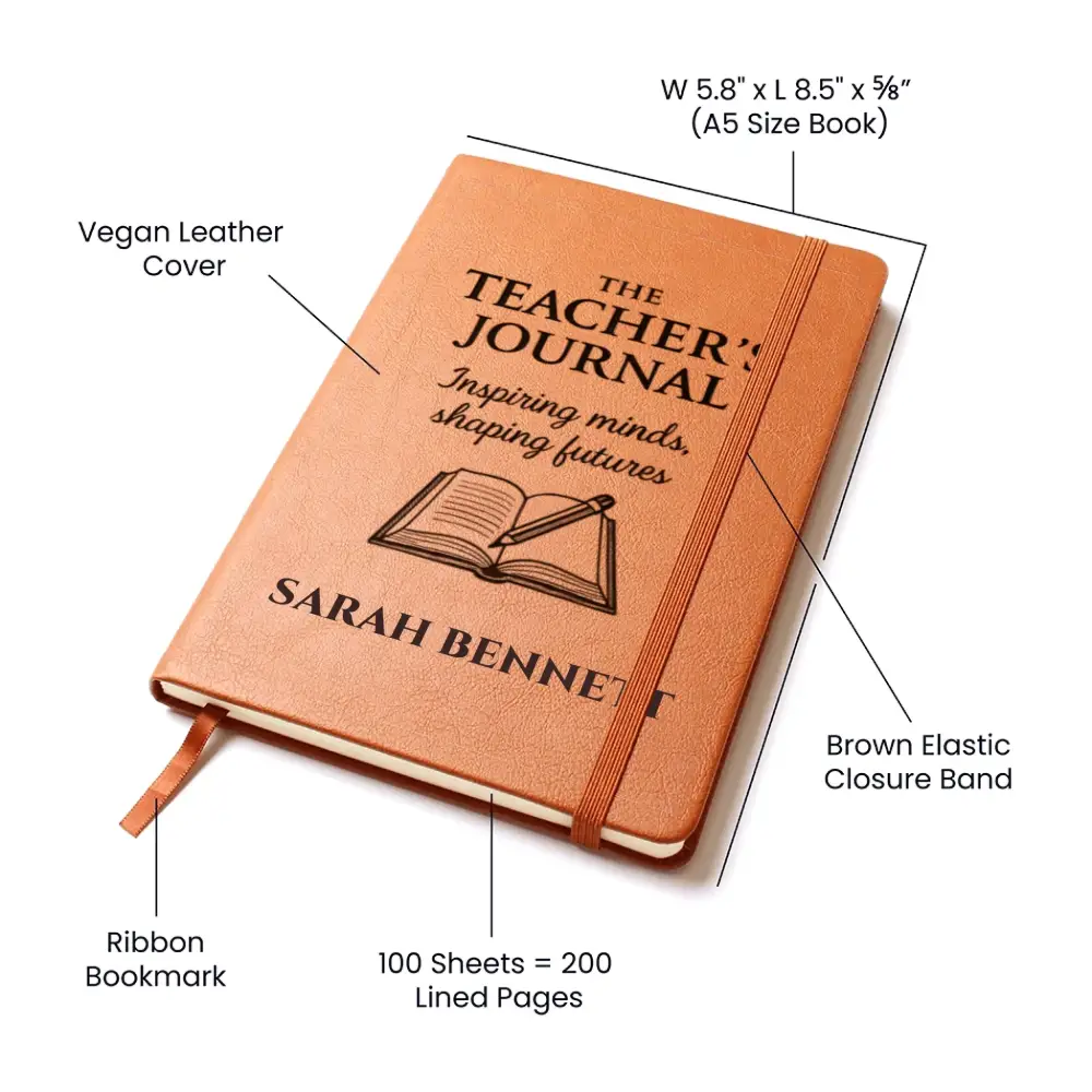 Personalized vegan leather teachers journal with elastic closure and ribbon bookmark