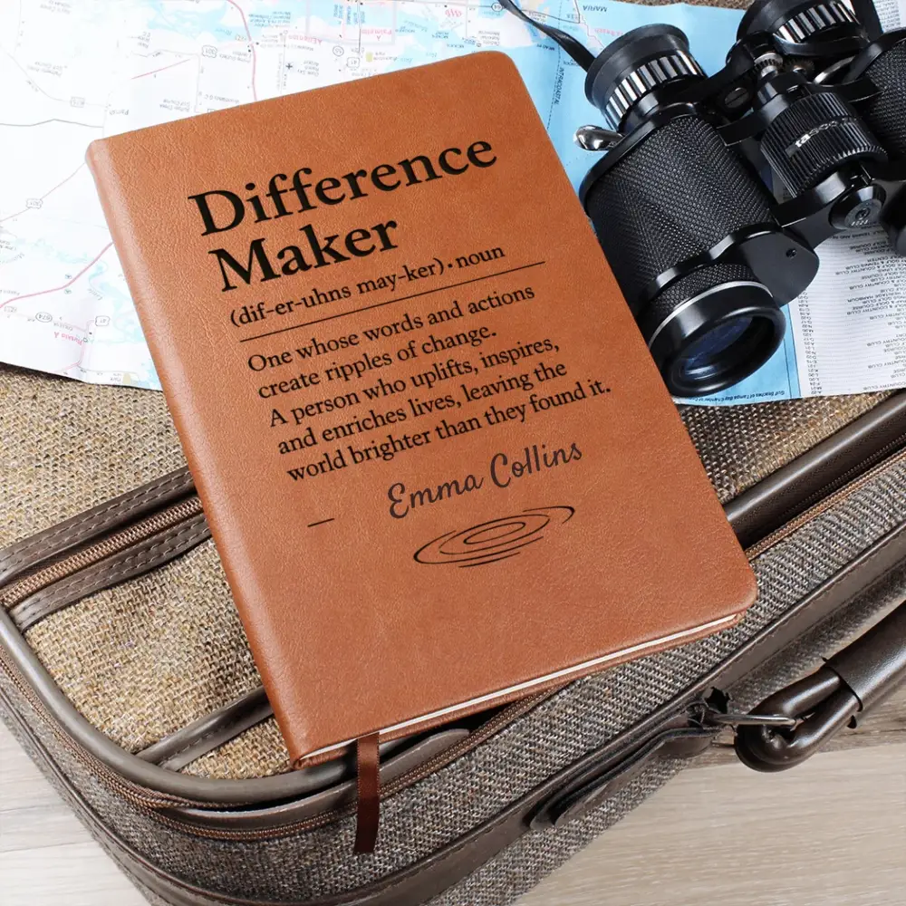 Brown leather-bound difference journal with embossed design from Personalized Vegan Leather Journal