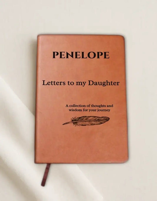 Personalized vegan leather daughter journal with feather illustration for keepsake memory book