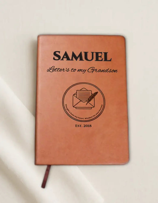 Personalized vegan leather grandson journal with inscribed emblem keepsake memory book