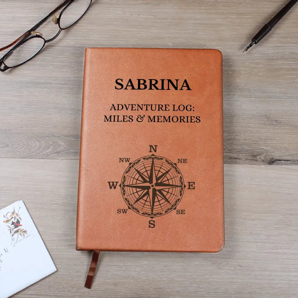 Personalized vegan leather adventure journal with compass design