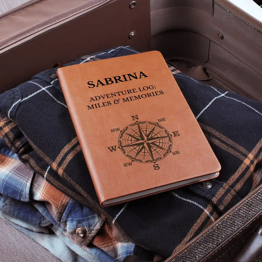 Personalized vegan leather adventure journal with compass design