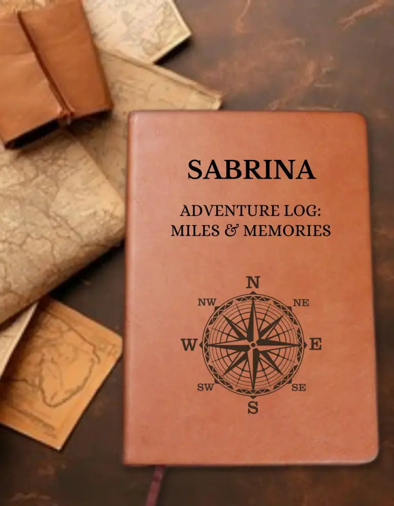 Personalized brown vegan leather adventure journal with compass design