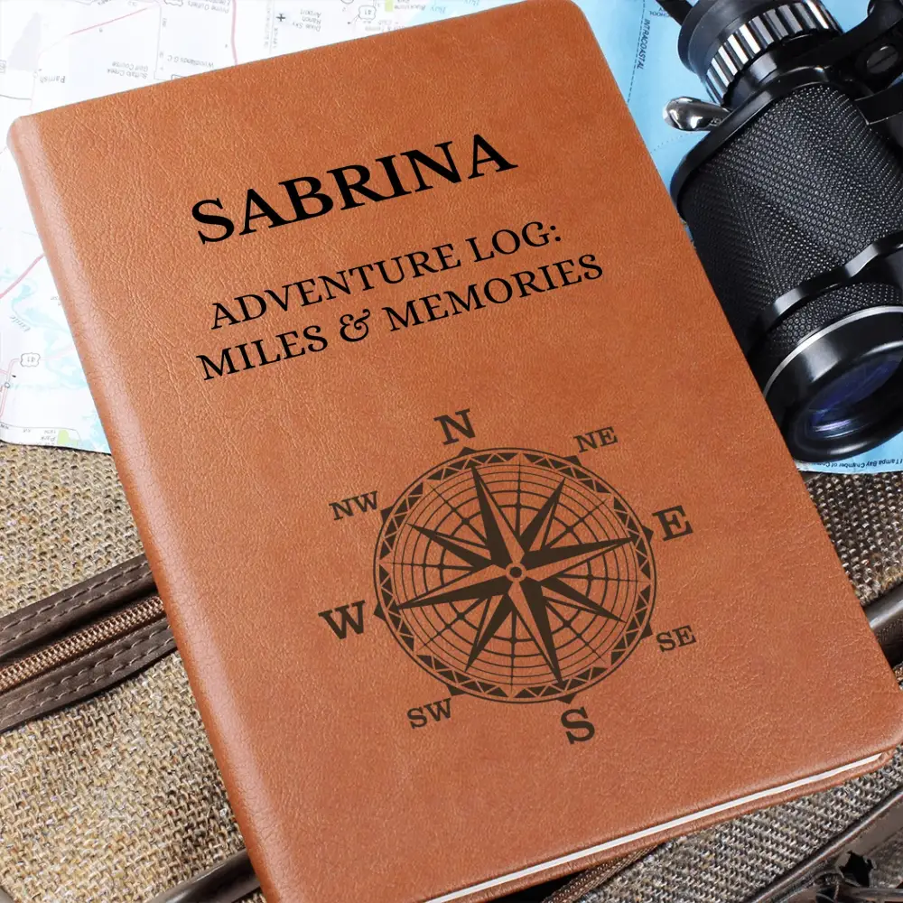Personalized brown leatherette adventure journal with compass design