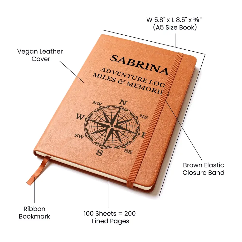 Personalized brown vegan leather adventure journal with compass design