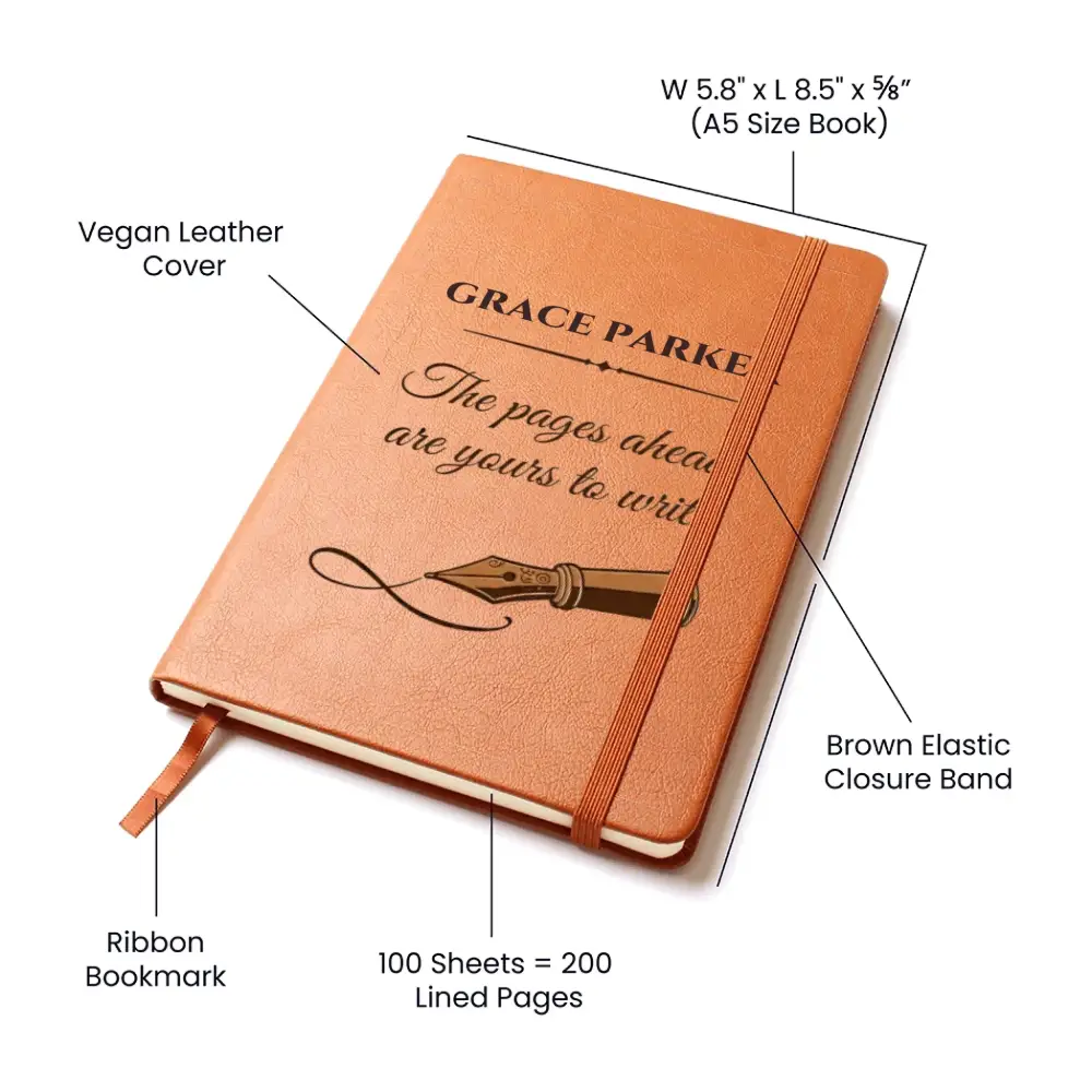 Personalized brown vegan leather Pages Ahead Journal with ribbon bookmark
