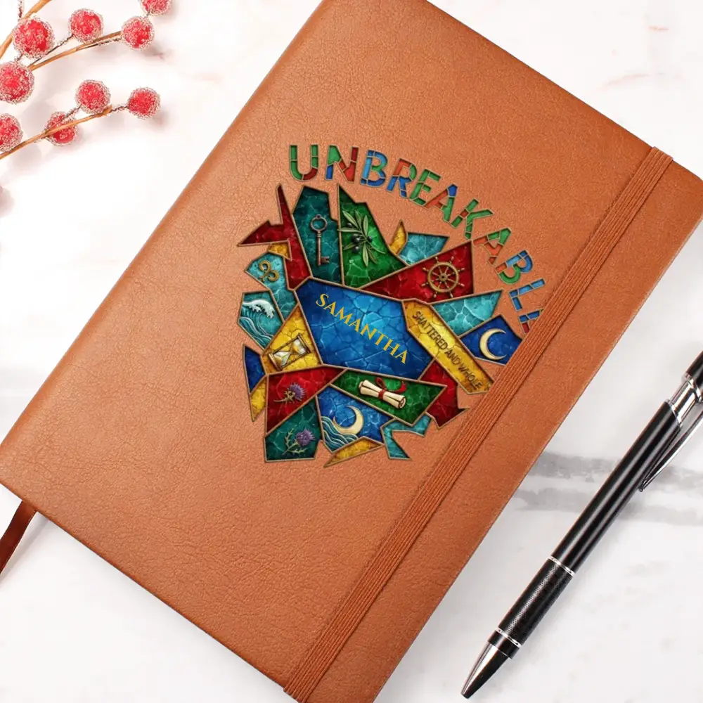Brown faux leather unbreakable journal with colorful abstract design for personalized gift