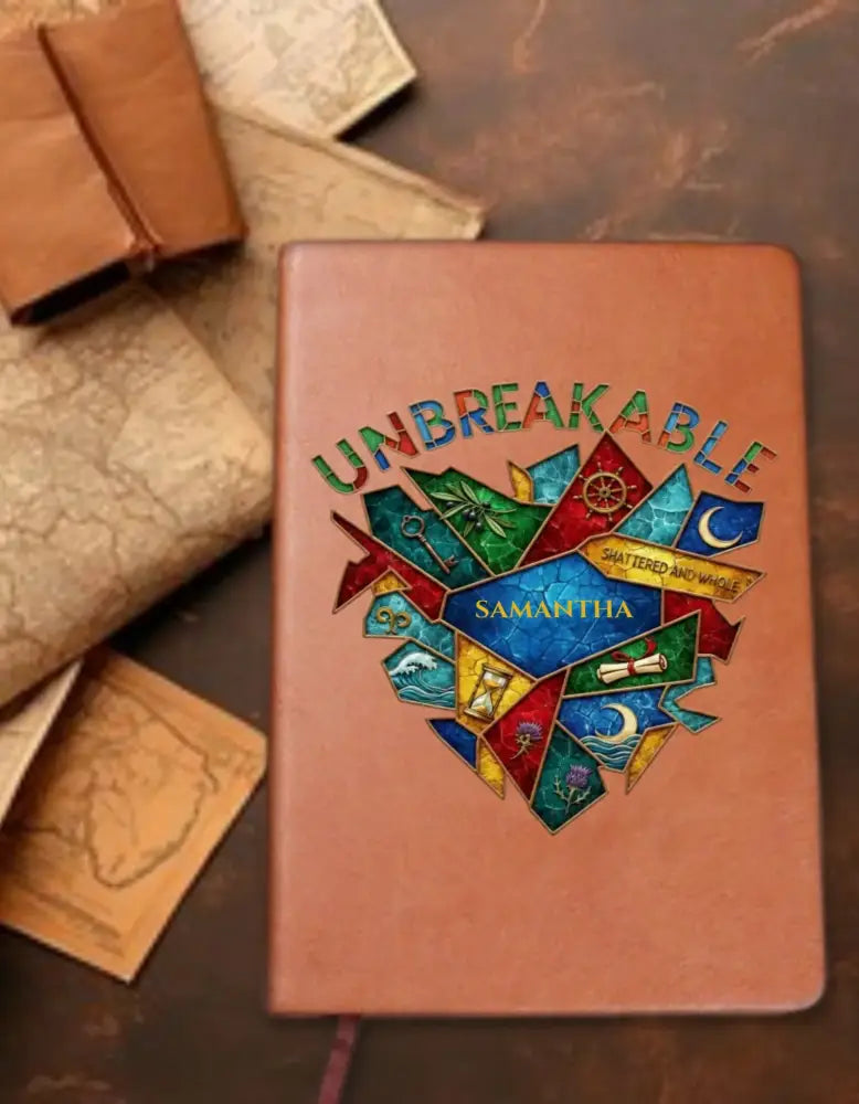 Brown vegan leather journal with colorful fractured heart design and unbreakable journal label