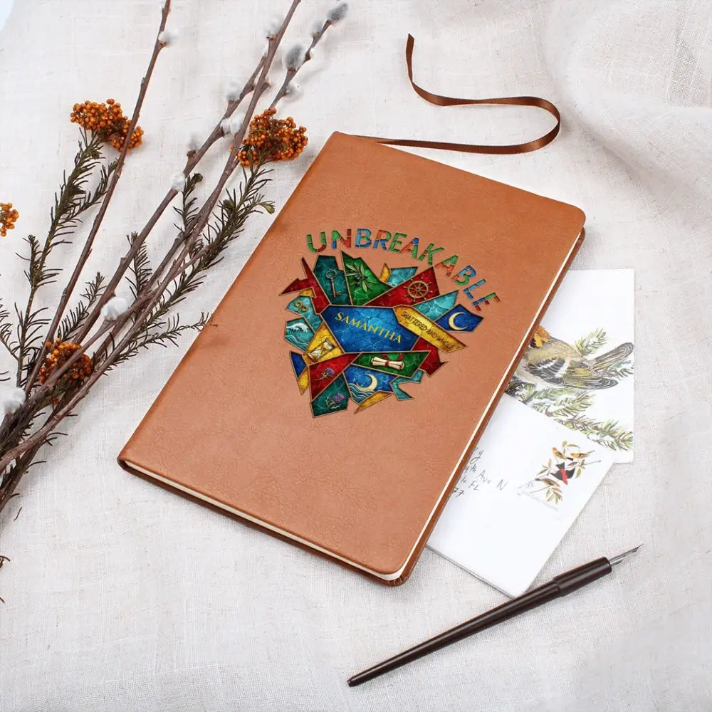 Brown vegan leather journal with colorful abstract unbreakable design and Samantha name