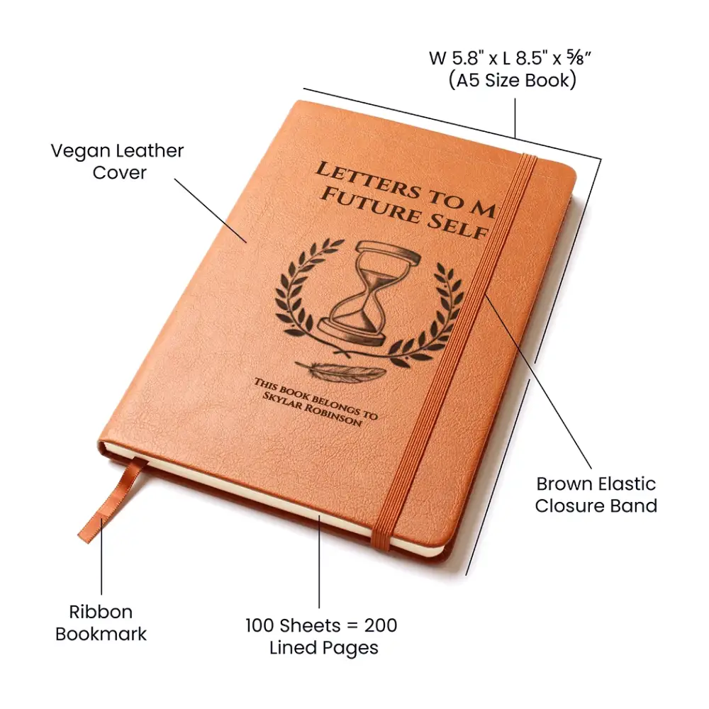Brown vegan leather time capsule notebook with ribbon bookmark elastic closure and lined pages