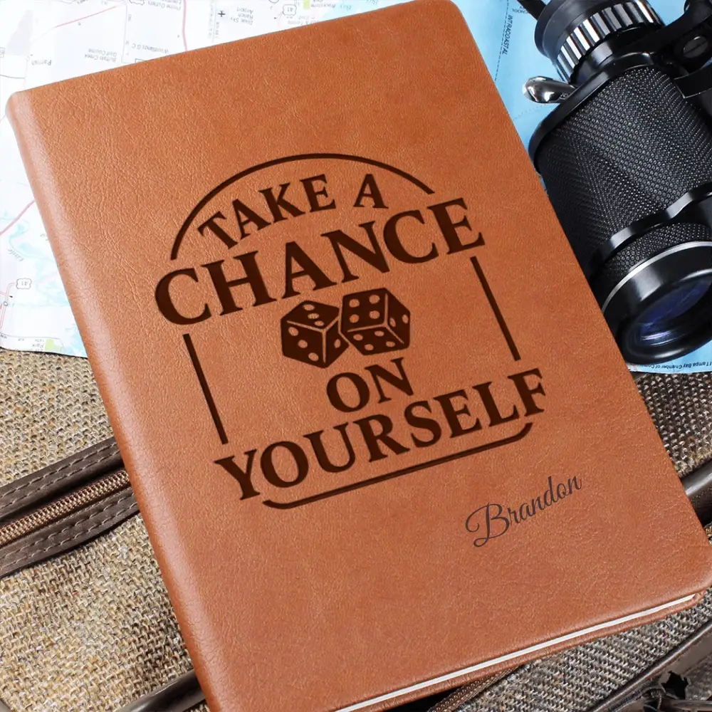 Personalized vegan leather journal with Take a Chance on Yourself embossed cover, perfect self-belief notebook