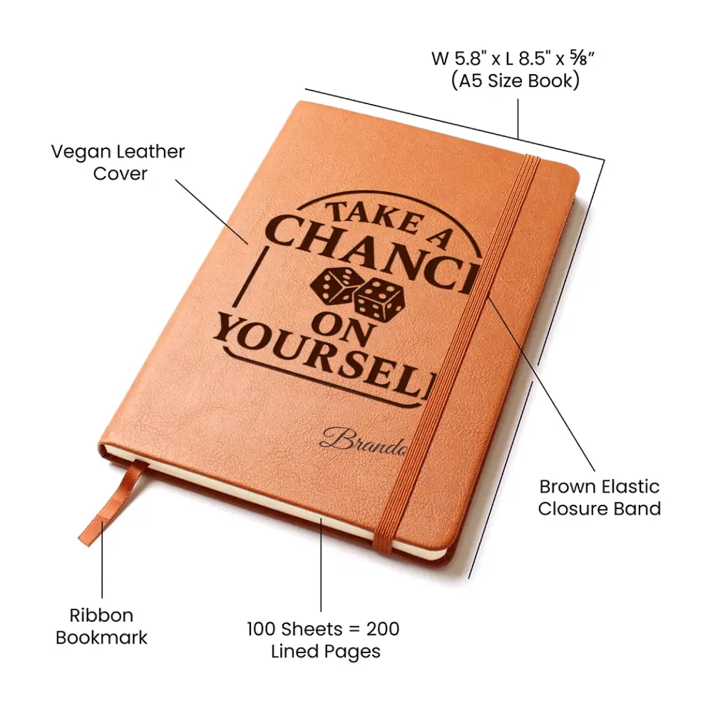 Brown vegan leather self-belief notebook with ribbon bookmark and elastic closure