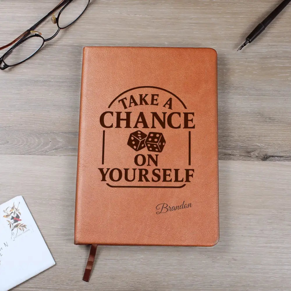 Tan leatherette journal with engraved inspirational quote, perfect self-belief notebook