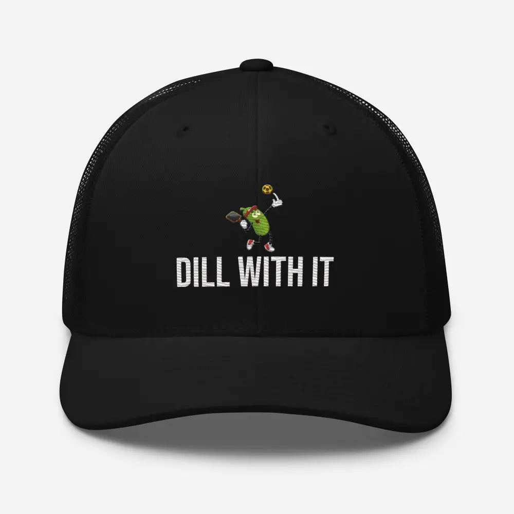 Black mesh-back trucker cap with pickleball embroidered Trini Skies graphic Make America Great