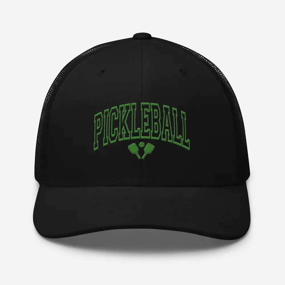 Black pickleball embroidered trucker hat with green PICKLEBALL embroidery and mesh back
