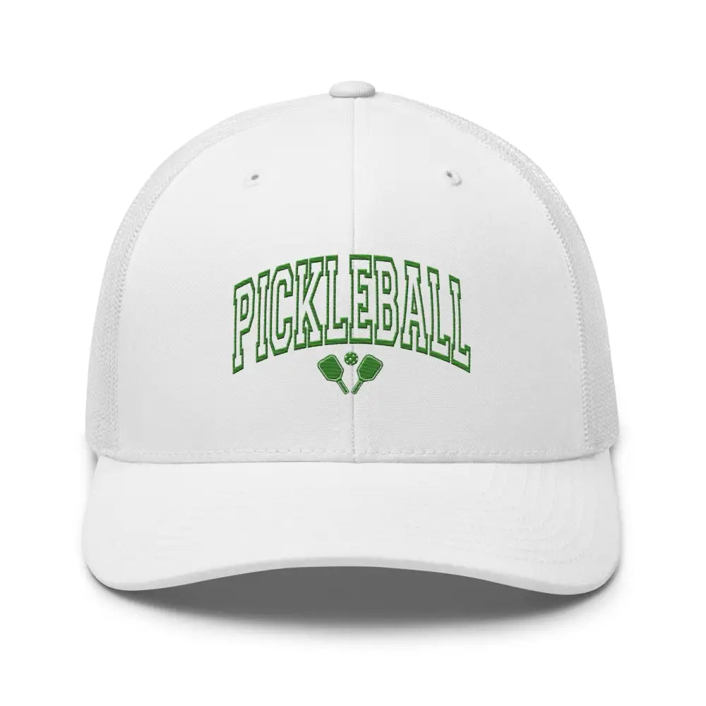 White pickleball embroidered trucker hat with green PICKLEBALL text