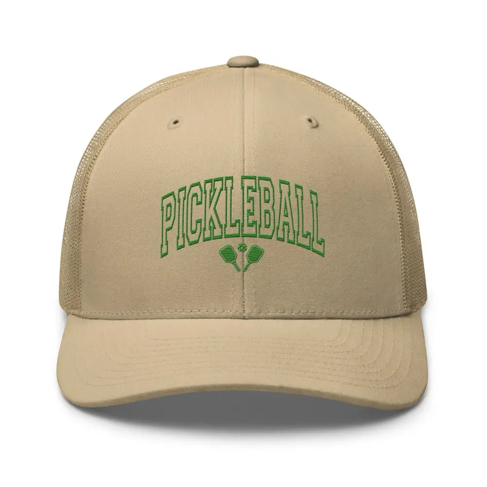 Beige mesh-back pickleball embroidered trucker hat with green PICKLEBALL text