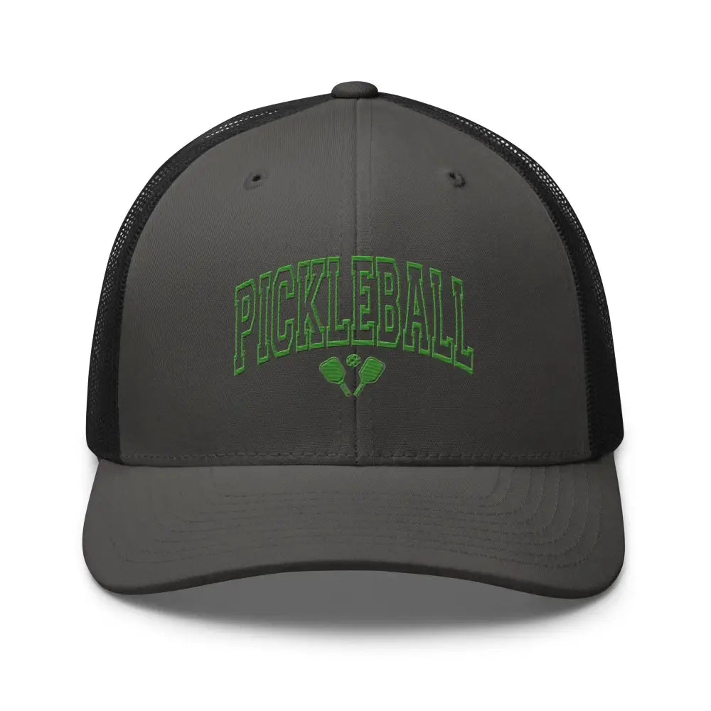 Pickleball embroidered trucker hat in charcoal gray with lime green paddles