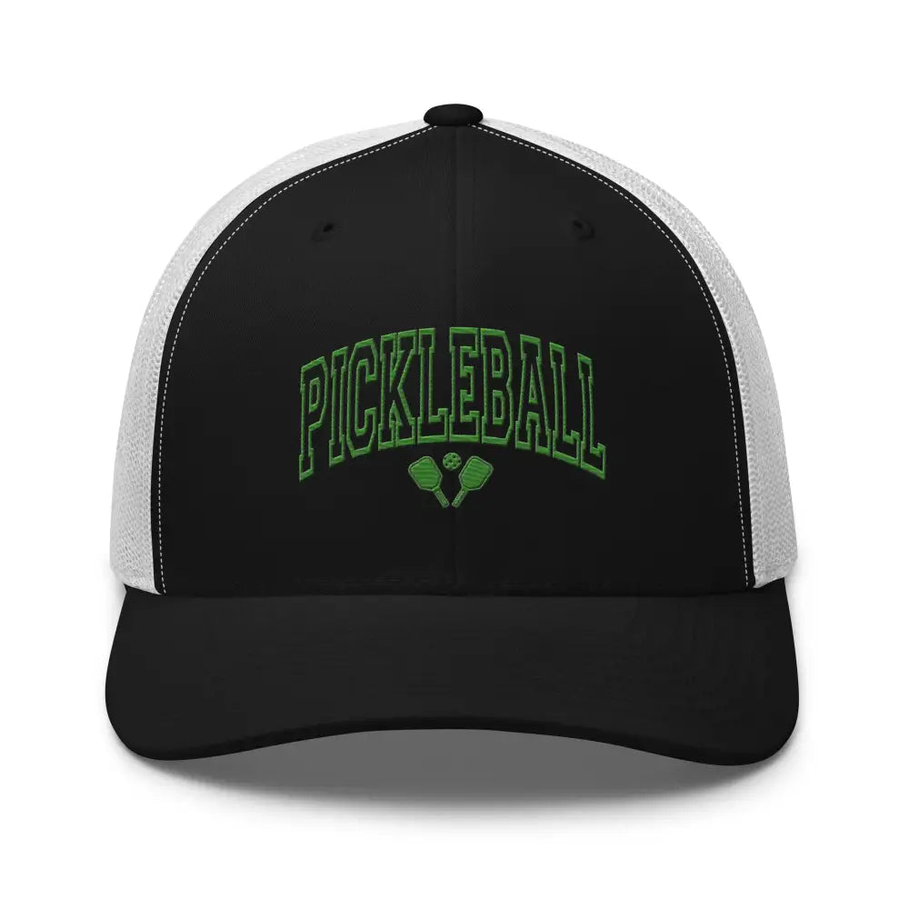 Black and white pickleball embroidered trucker hat with green text and paddles