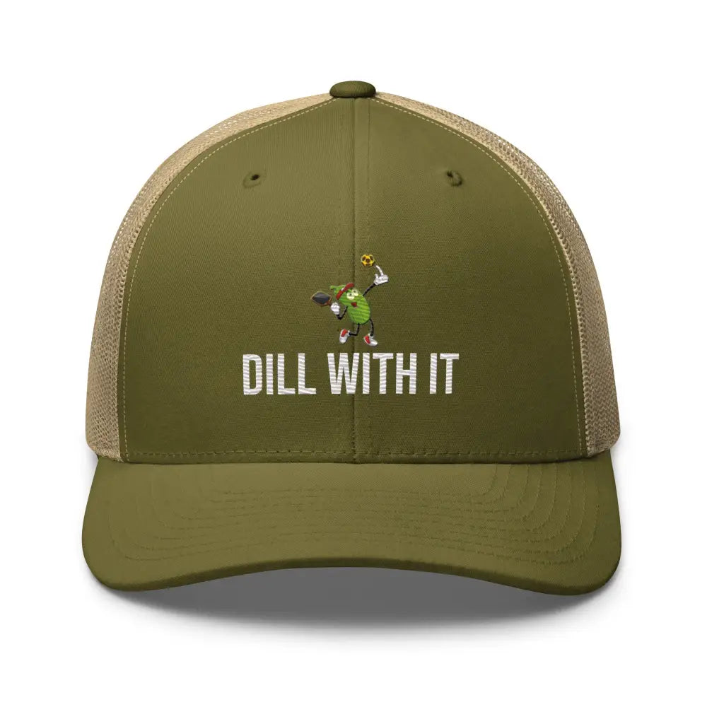 Olive green and tan mesh pickleball embroidered trucker hat by Trini Skies Make America Great