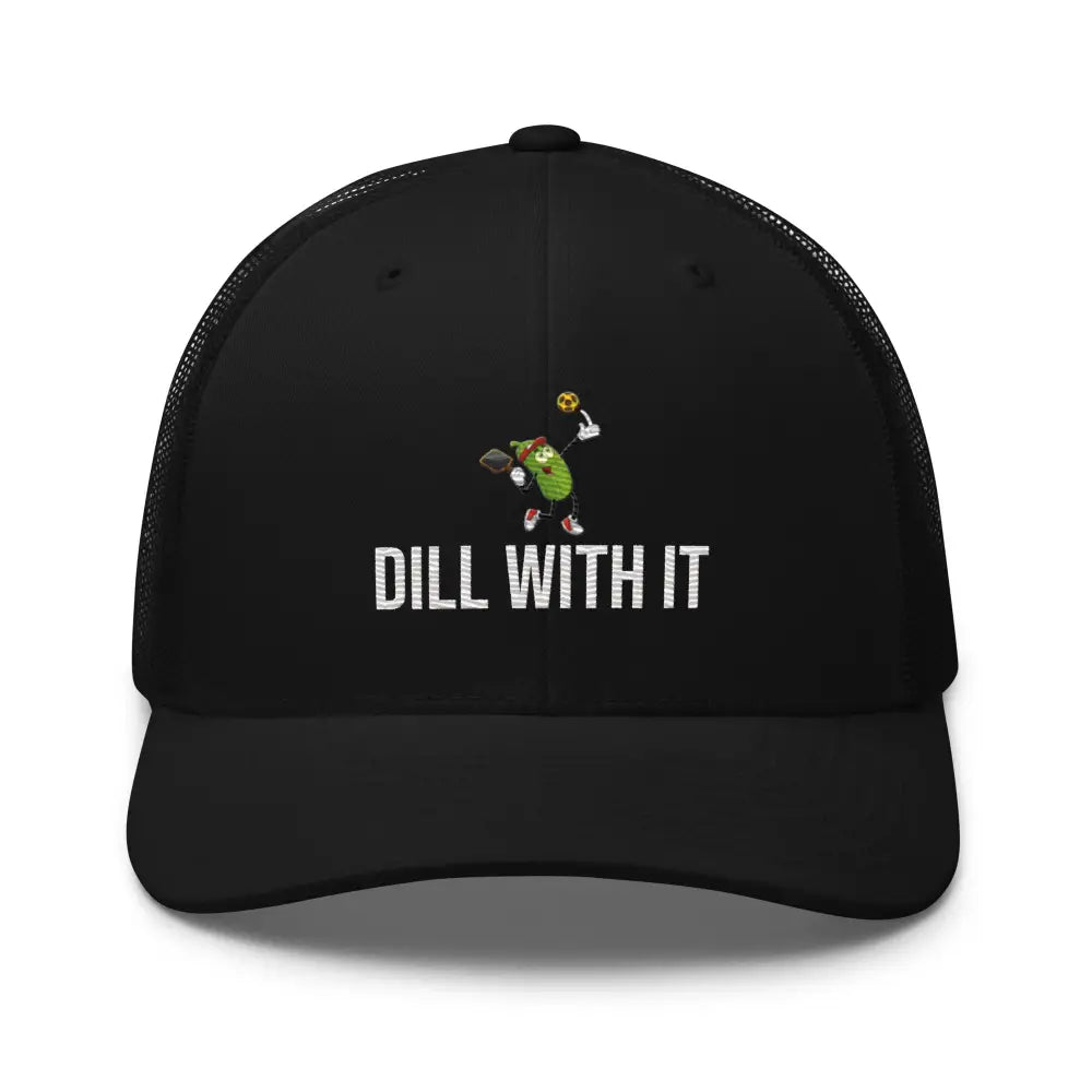 Black trucker hat with pickleball embroidered pickle graphic by Trini Skies Make America Great