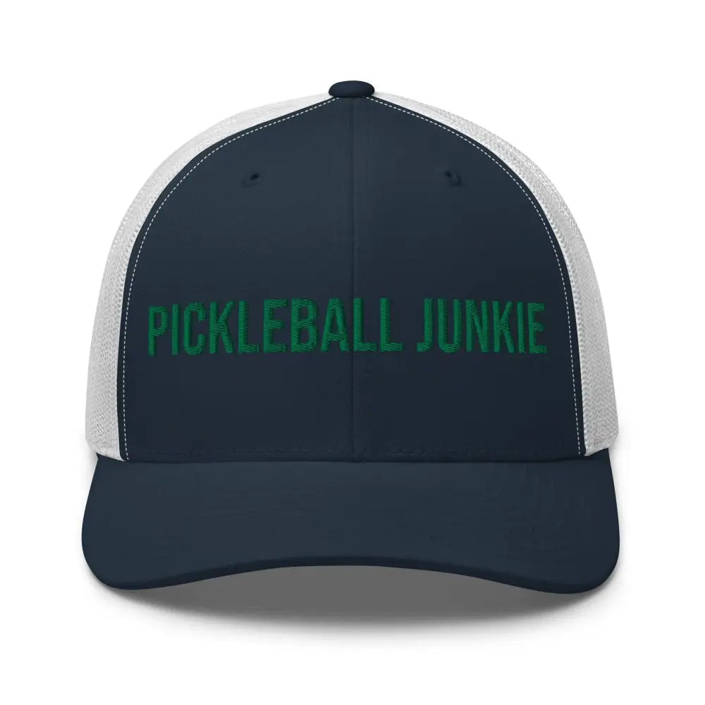 Navy blue and white mesh trucker hat with Pickleball Junkie Embroidered Trini Skies design